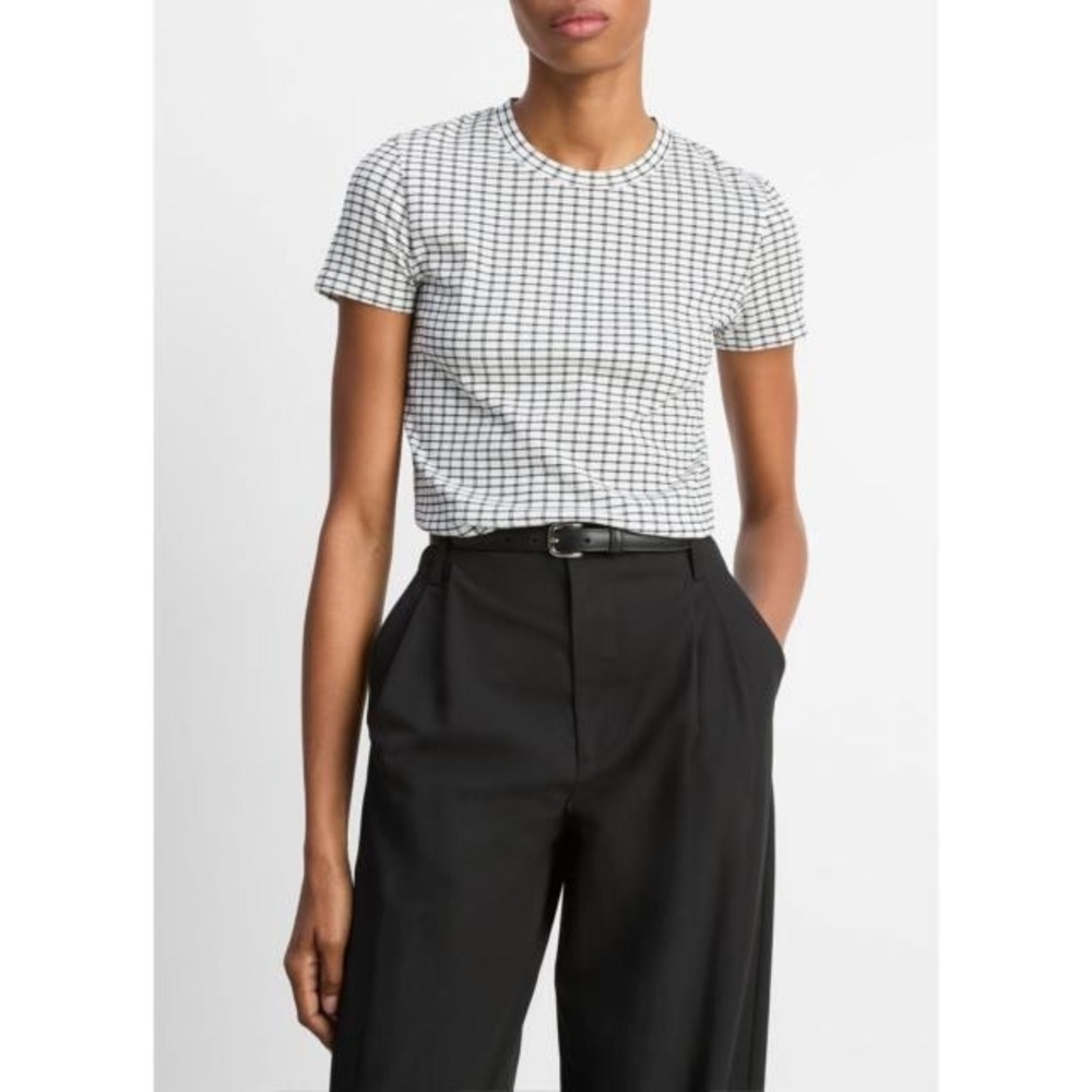 Vince Womens Textured Plaid Black White Short Sleeve Crew Neck T-Shirt Size S
